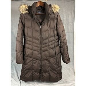 LANDS END Women Midi Puffer Coat Parka Brown 80% Down Faux Hood Light Gorpcore L